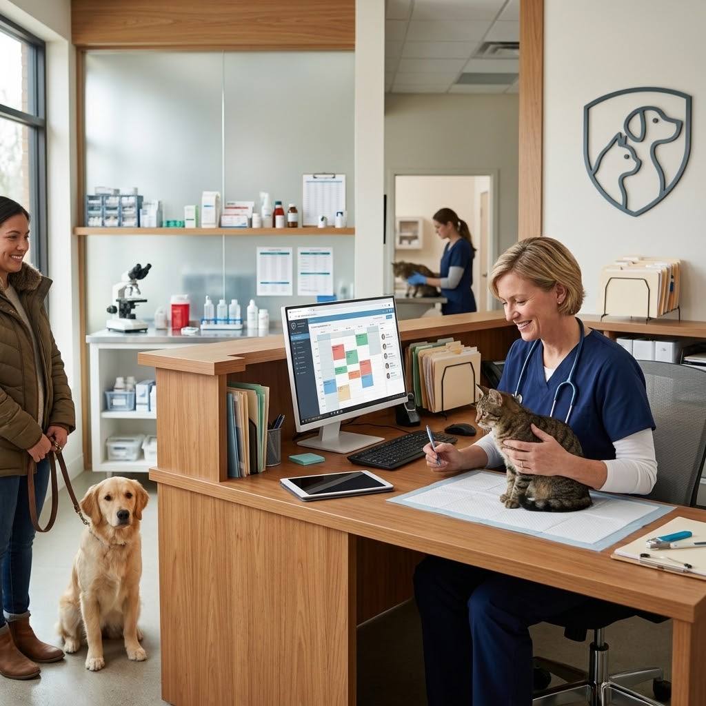 A practice manager at the clinic front desk