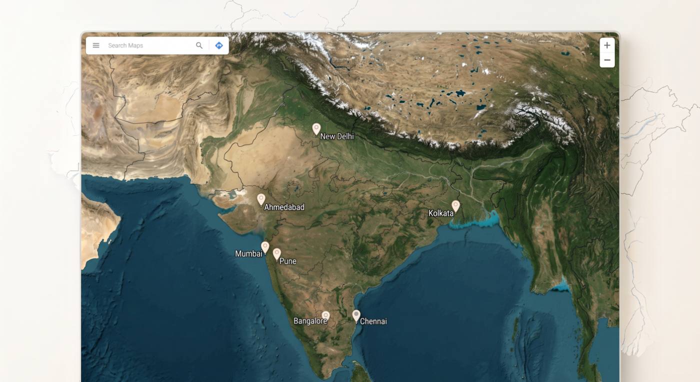Map of India with VPMC cities pinned